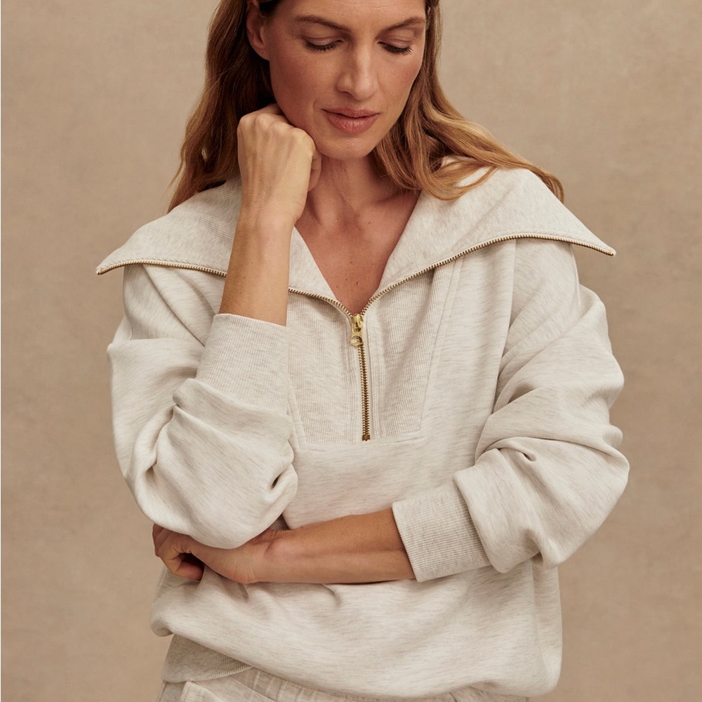 Varley Catherine Half Zip Sweat in Ivory Marl - Picture 2 of 8